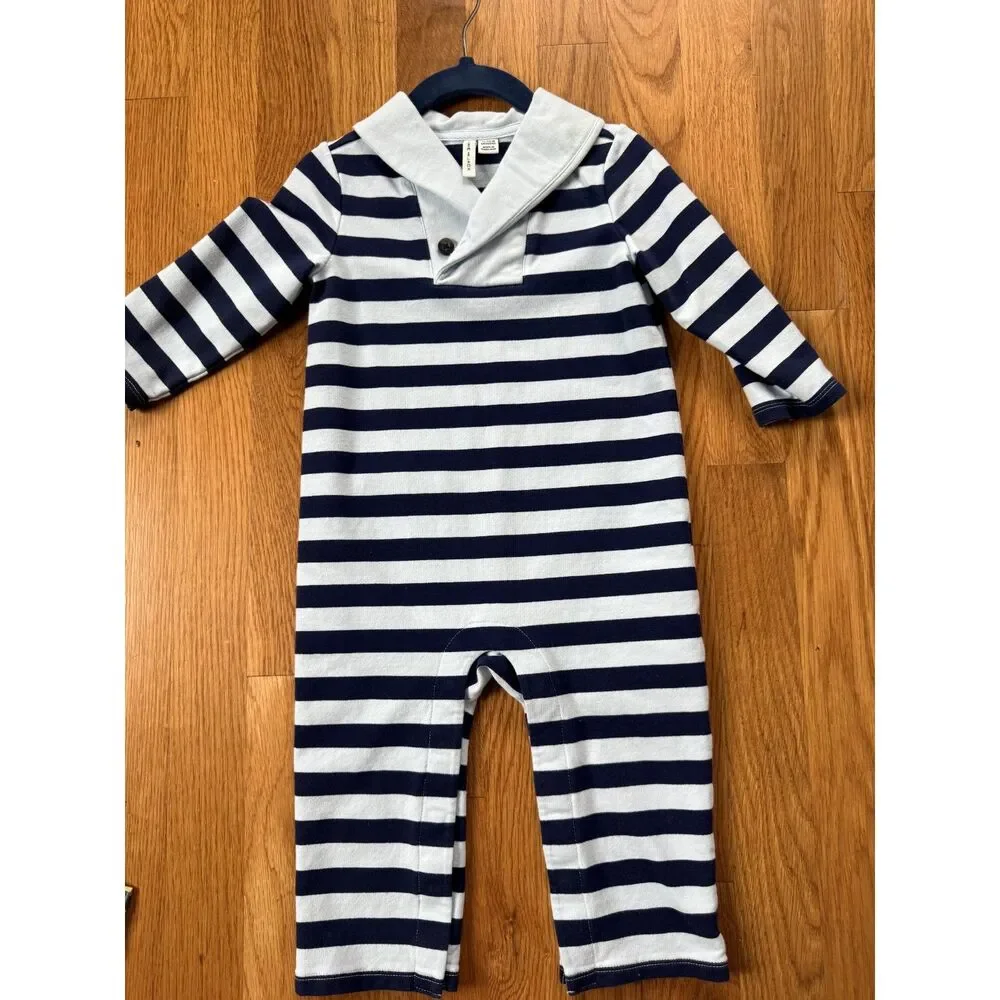 Janie and Jack Baby Boy Shawl Collar Stripe Romper 12-18M Blue One Piece Cotton